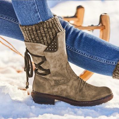 Nouvelles bottes d'hiver pour femmes, grandes bottes mi-jambes Martens pour femmes, talon épais, sangle arrière, bottes en cuir vintage pour femmes