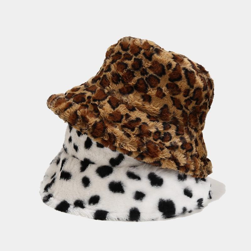 Women S Vintage Leopard Print Plush Bucket Hat Winter Warm Fashion