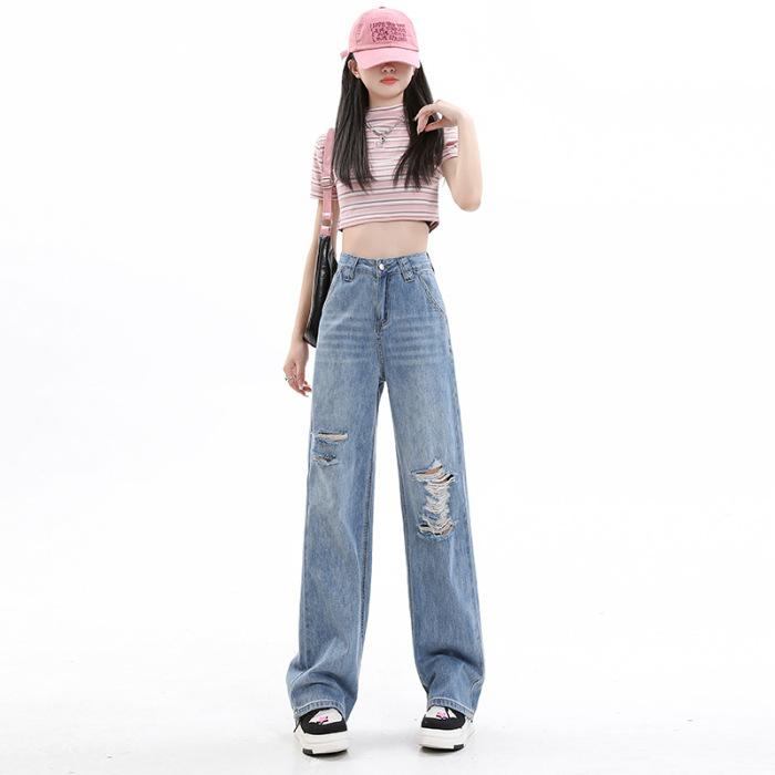 Spring High Waist Ripped Straight Trendy Daily Denim Pants For Women Casual Pants Oversize Denim Trousers