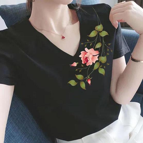 

M-4XL женские весенне-летние футболки из чистого хлопка большого размера, свободные топы с v-образным вырезом и короткими рукавами, однотонные тонкие универсальные топы M чёрный