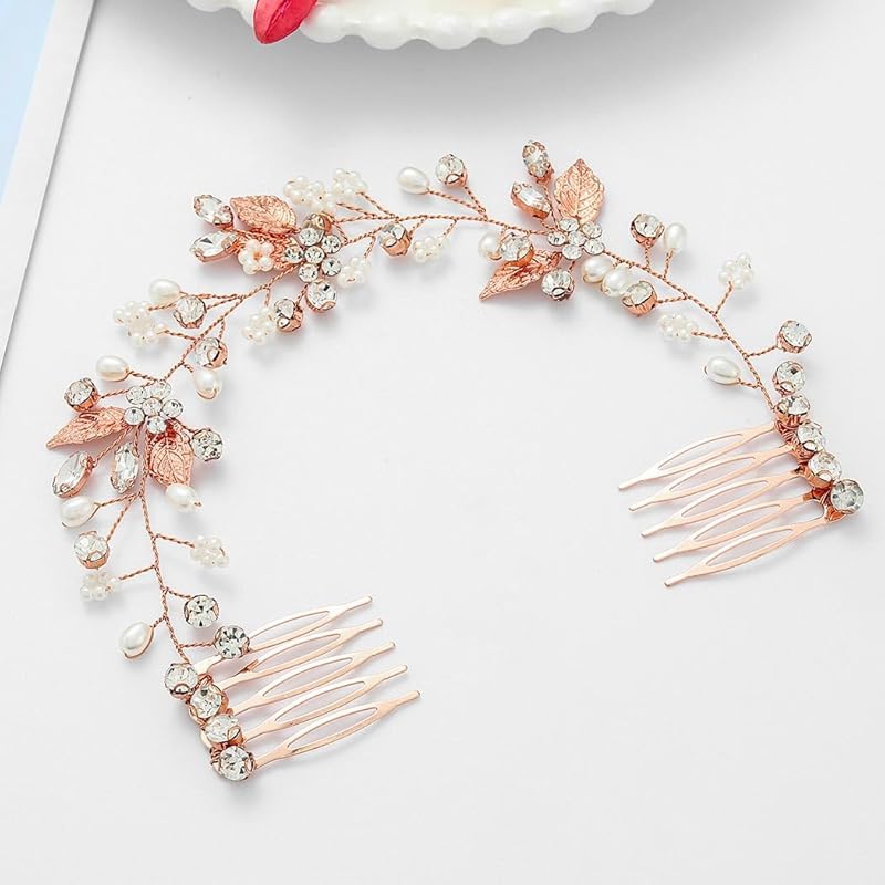 Gorais Crystal Bride Wedding Hair Combs Gold Leaf Bridal Hair Pieces Pearl Hair Accessories for Women and Girls (A-Gold) (A-Gold)