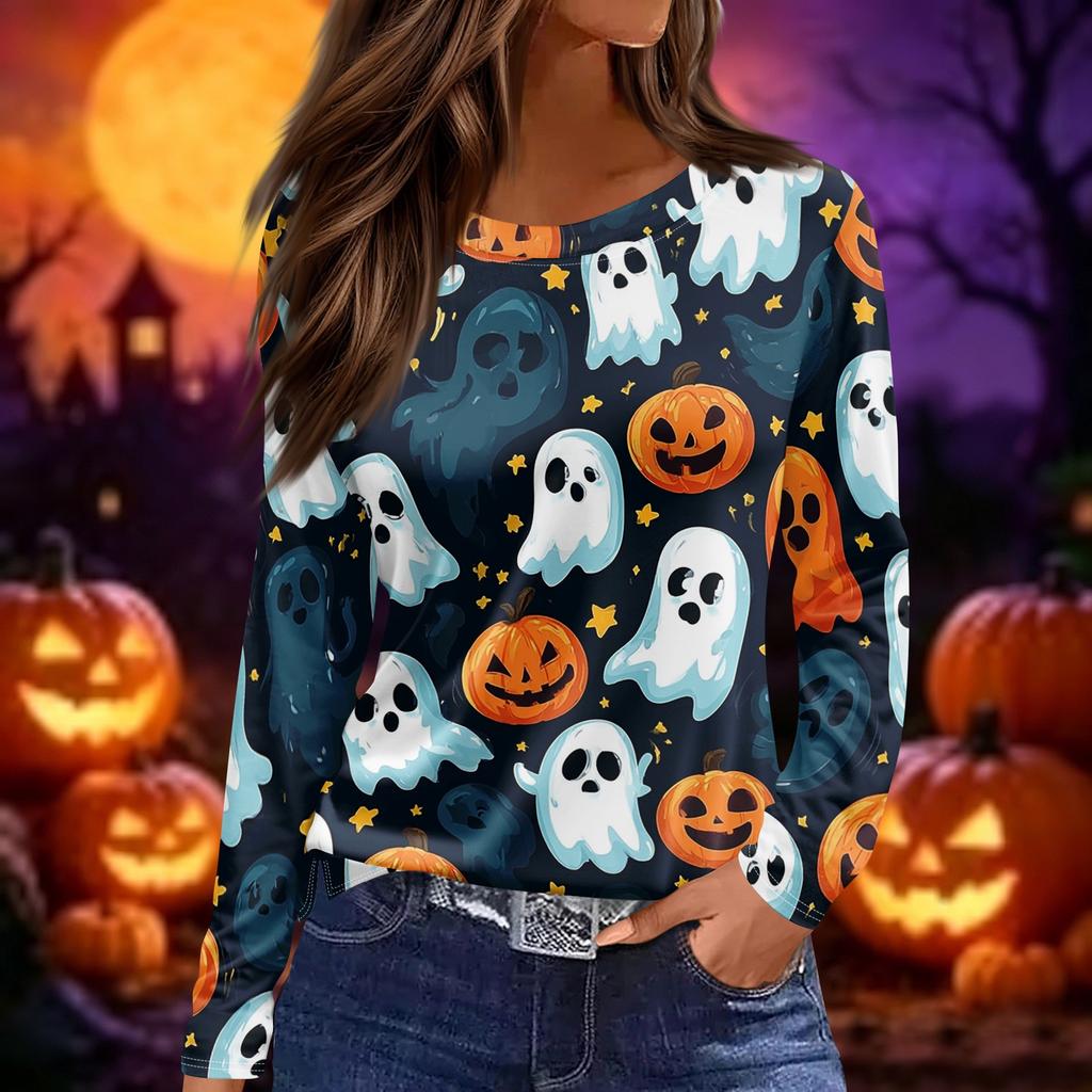 Women's Halloween Print Long Sleeve Pullover Top Round Neck Split Hem Casual Loose Fit Lightweight Sweatshirt