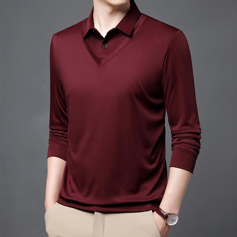 Spring and Autumn New Style Middle-aged Thin Fake Two-piece Men's Lapel Solid Color Long-sleeved T-shirt Men's Loose Top Dad Wear