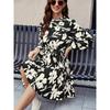 Women's Floral Print Long Sleeve Mini Dress Mock Neck Tie Waist Pleated A-Line Casual Dress for Daily Office Party