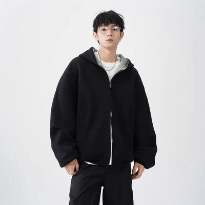 Double Zipper Heavy Cardigan Sweater Men's Trendy Brand Loose Casual Hard Contrast Retro Hoodie Jacket