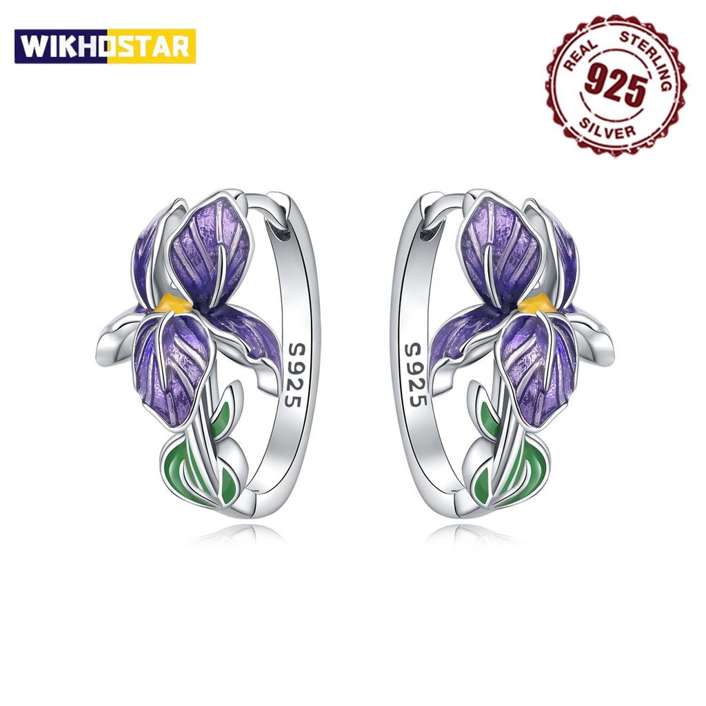 Kadınlar İçin Mor Çiçek Tasarımlı Çok Yönlü 925 Ayar Gümüş Halka Küpeler