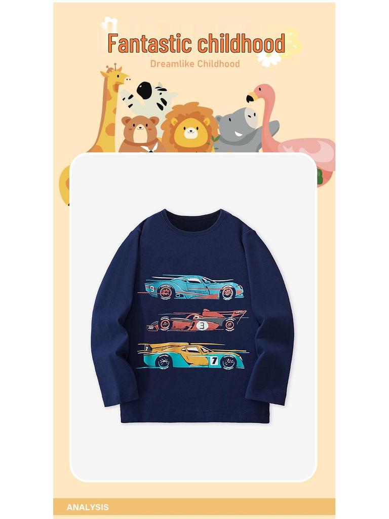 25 Podzimní chlapecké tričko s dlouhým rukávem s potiskem kresleného auta a kulatým výstřihem