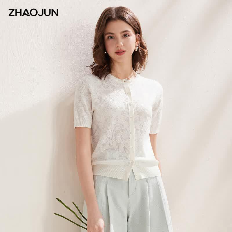 Zhaojun 2026 S/S Women's Mulberry Silk Retro Jacquard Knit Short Sleeve Cardigan