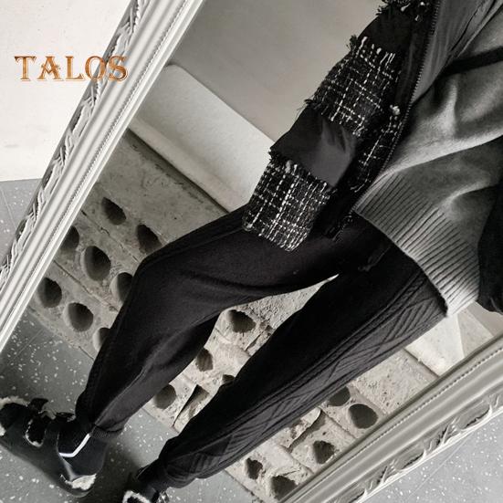 Women Harem Pants Elastic High Waist Adjustable Drawstring Knitting Pants Solid Color Loose Fit Rhombus Texture Long Trousers