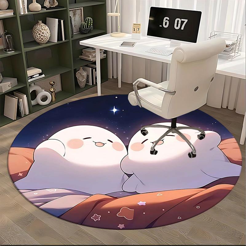 1pc Anime Design Round Carpet Cute Ghost Couple with Starry Sky Print, Office Chair Mat, Home Decor, Gift