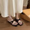 Thick heel women's one-word slippers, female summer wear new rhinestone fairy bow beautiful cool slippers