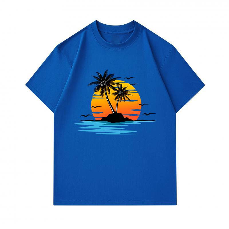 Men's 100% Cotton Crew Neck Short Sleeve T-Shirt, Casual Palm Tree Island Sunset Seagull Print Summer Beach Holiday Comfortable Loose Fit Tee for Dail
