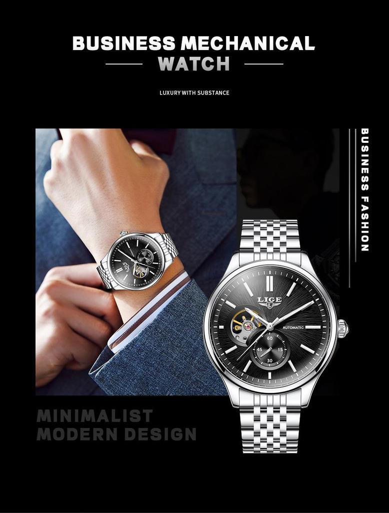 Men's Luxury Waterproof Automatic Mechanical Watch with Steel Band and Luminous Skeleton Design