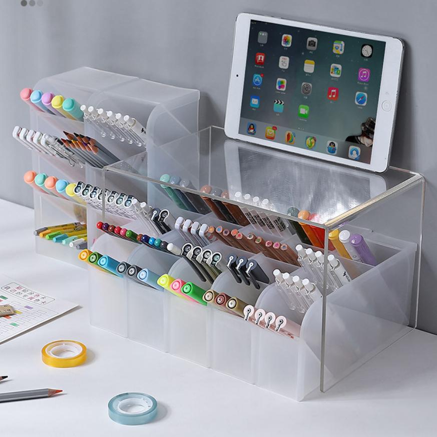 Desktop Clear Frosted Pennhållare Sned Brush Läppstift Organizer Multifunktionell brevpapper Organizer