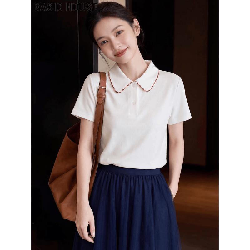 Basic House Women s Cotton Doll Collar Short Sleeve Polo T-shirt One Size грязно-белый