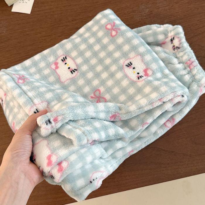 Korean Style Women's Fleece Pajama Pants - Flannel Cartoon Design for Autumn and Winter