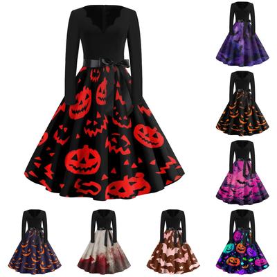 Women's Vintage Halloween Dress V Neck Long Sleeve Casual Retro Style Bat Print Swing Skirt Dress with Waist Tie Belt