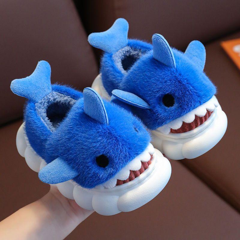 1 Pair Youngsters' Shark Plush Slippers - Soft Fleece-Lined Slip-On Indoor/Outdoor House Shoes with Cartoon Shark Design, Non-Slip PVC Sole