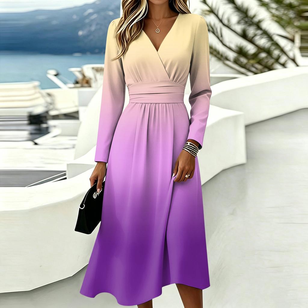 Women's Gradient Print Long Sleeve V-Neck Dress with Pockets Casual Fashionable