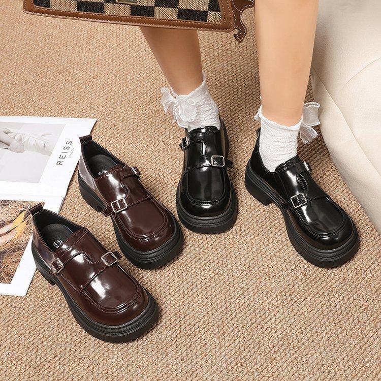 [Youshilai] Niche Design Sense Double Buckle Belt Small Leather Shoes Women's 2025 Winter New British Platform Loafers