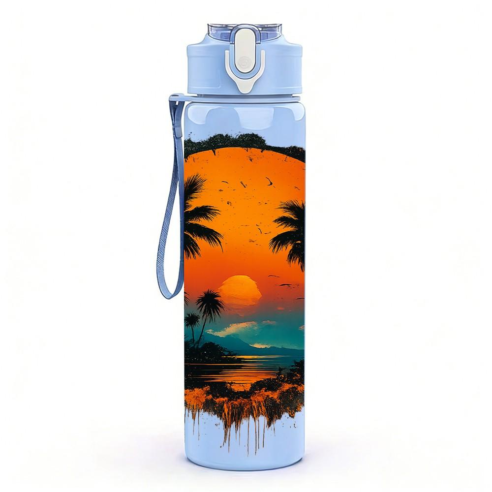 1PC Sunset Palm Tree Island Badge Print 750ml Color Plastic Sports Water Bottle Leakproof Flip Straw Lid Suitable for Sports Office Home Use