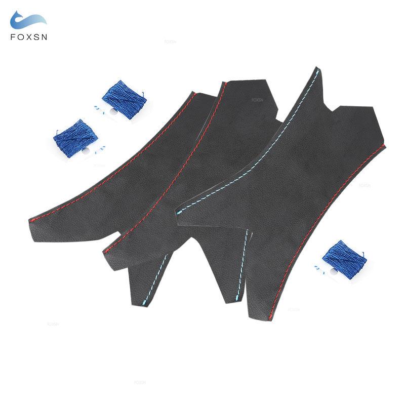 For BMW 3 Series E90 E91 2005-2012 3pcs LHD/RHD Car Interior Hand Sewing Door Handle Pull Leather Cover Black with Red Blue