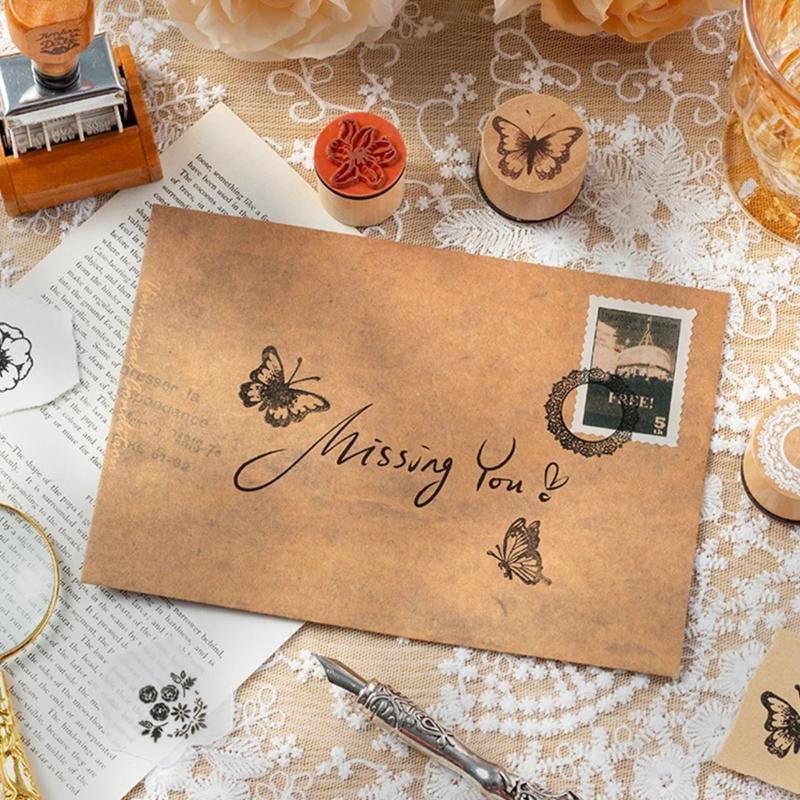 8Pcs Wood Craft Stamp Flower Stamper with Inkpad Scrapbooking Decorative Stamp for Scrapbooking Journal Planner Notebook