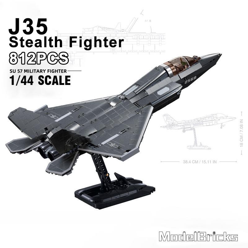 Military WW2 J35 J20 Stealth Aircraft Building Blocks Technical Fighter Jet Airplane With Bullet MOC Bricks Education Toys Gift