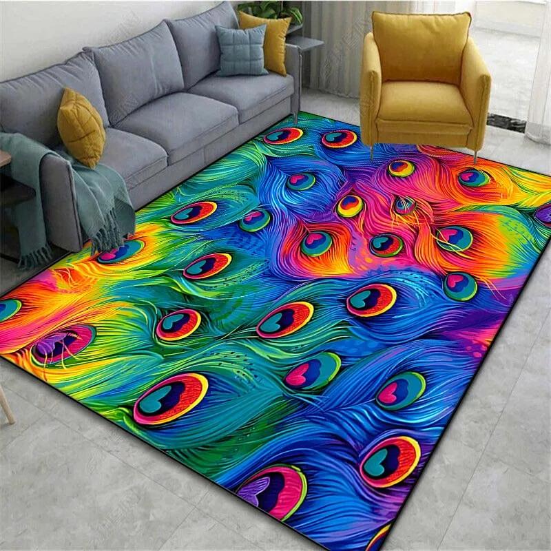 Peacock Feather Pattern Area Rug Colorful Animal Bird Fur Non-slip Carpet, Living Room Bedroom Polyester Mat Home Decor Doormat