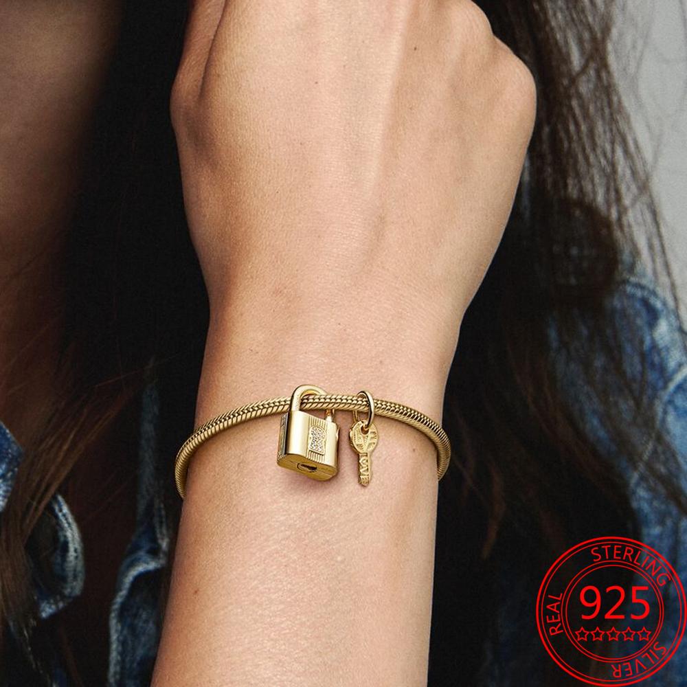 New 925 Sterling Silver Gold Padlock & Key Dangle Charm Fit  Original  Silver Bracelet Beads for Women Fine Jewelry Gift