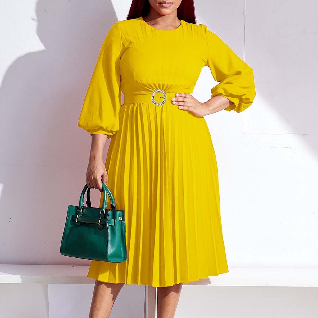 Elegante Faltenkleider O-Ausschnitt Langarm Gürtel Taille Große Größen Xxxl Wadenmitte Luxuriöses Damen-Partykleid