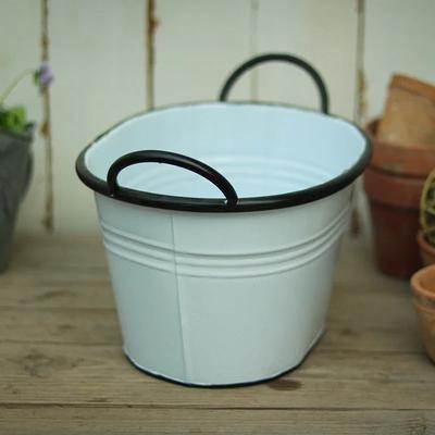 Seau en Métal Fer Blanc à Double Poignée Blanc Pots de Fleurs pour Plantation Pot de Fleurs de Forme Ovale Décoration Ornementale pour Maison Jardin Cour Balcon