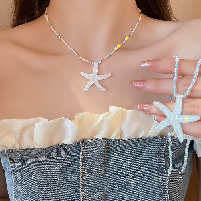 Fashion Bohemian Rice Beads Sea Star Pendant Necklace For Women Girls Dopamine Color Necklaec Summer Holiday Beach Jewelry Gift