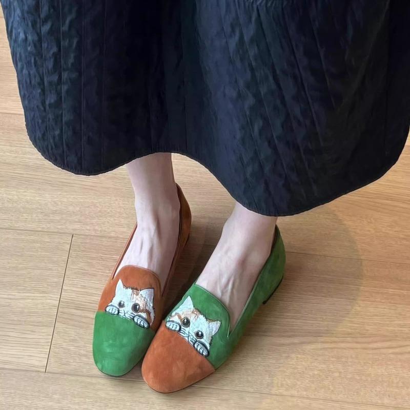 Fashion Colorblock Single Shoes Women Spring New Retro Round Toe Deep Mouth Cute Cat Embroidered Slip-on Soft Sole Flat Shoes