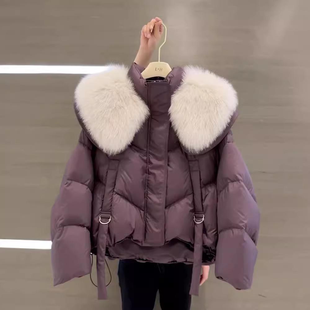 2025 Winter European Black Cotton Jacket for Women, Small Height, New Fashion, Large Fur Collar, Short Padded Outerwear