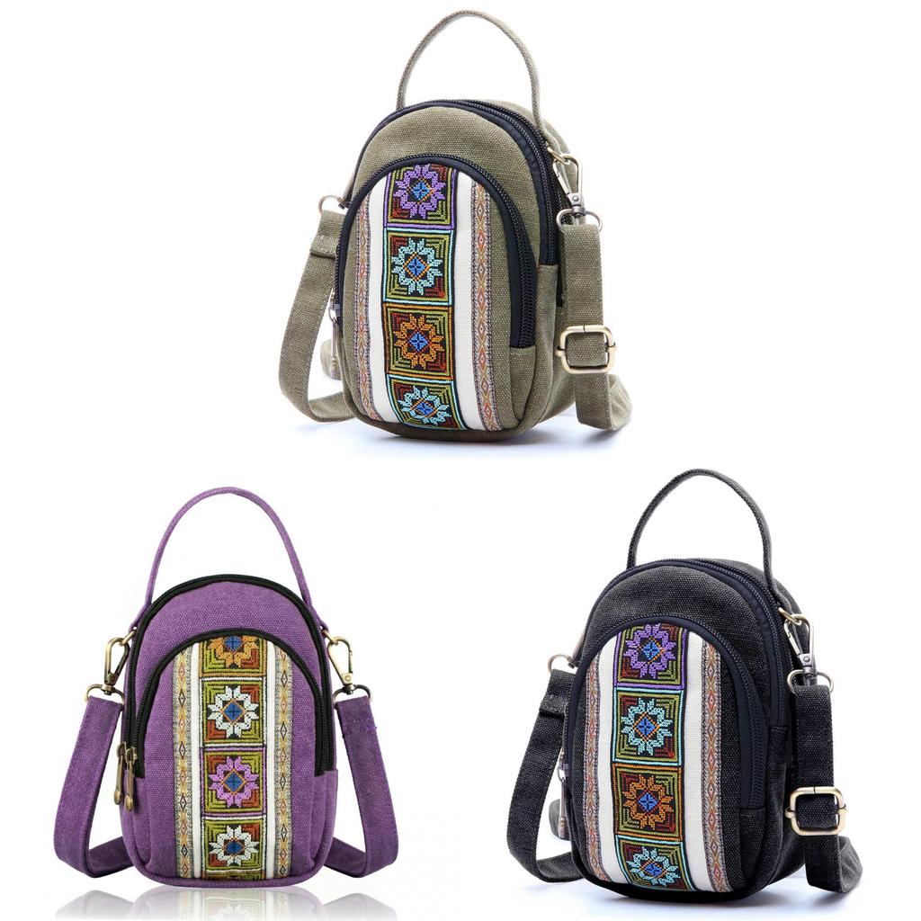 Ethnic Style Embroidered Canvas Bag With Zipper Pockets For Daily Use