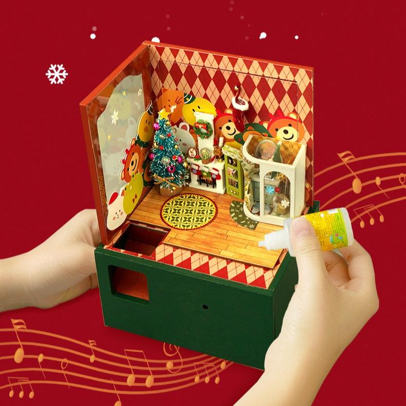 DIY TH45 Christmas Music Box Kit - Hand-Assembled Wooden Hut Ornament, Creative Holiday Gift with Musical Mechanism