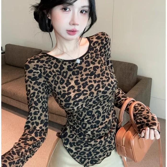 Chic Retro Leopard Print Lace-Up Backless Long Sleeve Top