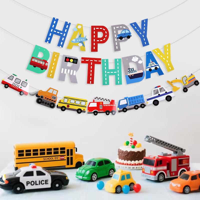 Cartoon Car Happy Birthday Banner Construction Vehicle Garland Kids Boy Birthday Party Decoration Favors Baby Shower Supplies