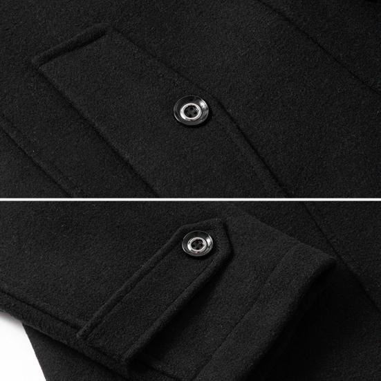 Men Woolen Coat Double Stand Collar Long Sleeve Single-Breasted Solid Color Jacket with Pockets Autumn Winter Mid-length Outwear