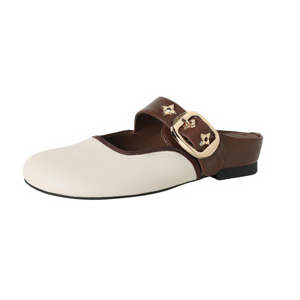 Fashion Women's new leather cowhide round head metal belt buckle with raised middle heel and toe cover, Mueller slippers