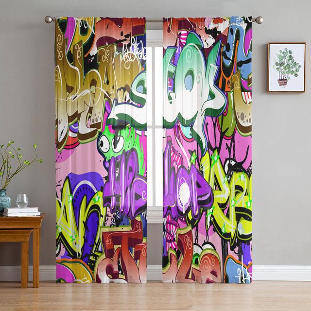 Blue Explosion Punk Graffiti Tulle Curtains For Living Room Bedroom Transparent Tulle Curtains Window Drapes Sheer Voile Curtain