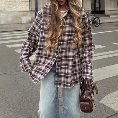 Oversize-Karobluse für Damen, locker geschnitten, mit Knopfleiste, langärmelig, lässig