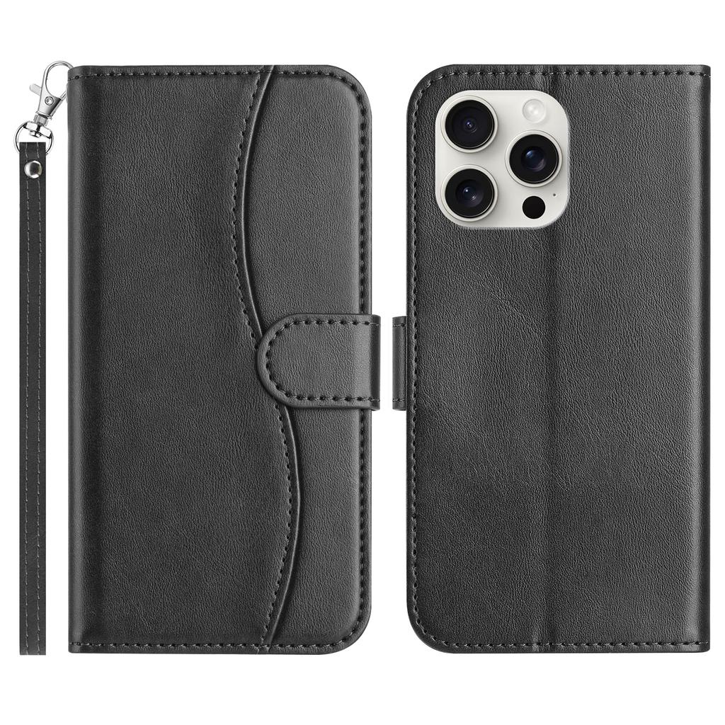 For iPhone 16 Pro Stand Case with Strap PU Leather Wallet Phone Cover S Shape Stitching Design