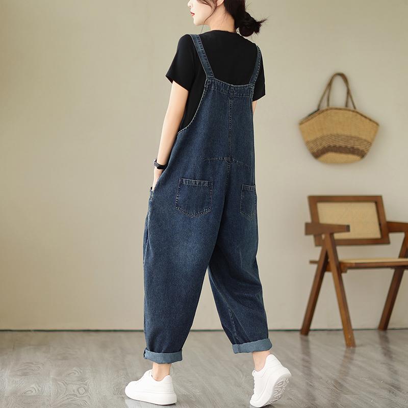 Spring Fall Women's Multi Pocket Cargo Suspender Female Vintage Patchwork Blue Denim Overalls Casual Loose Jumpsuit