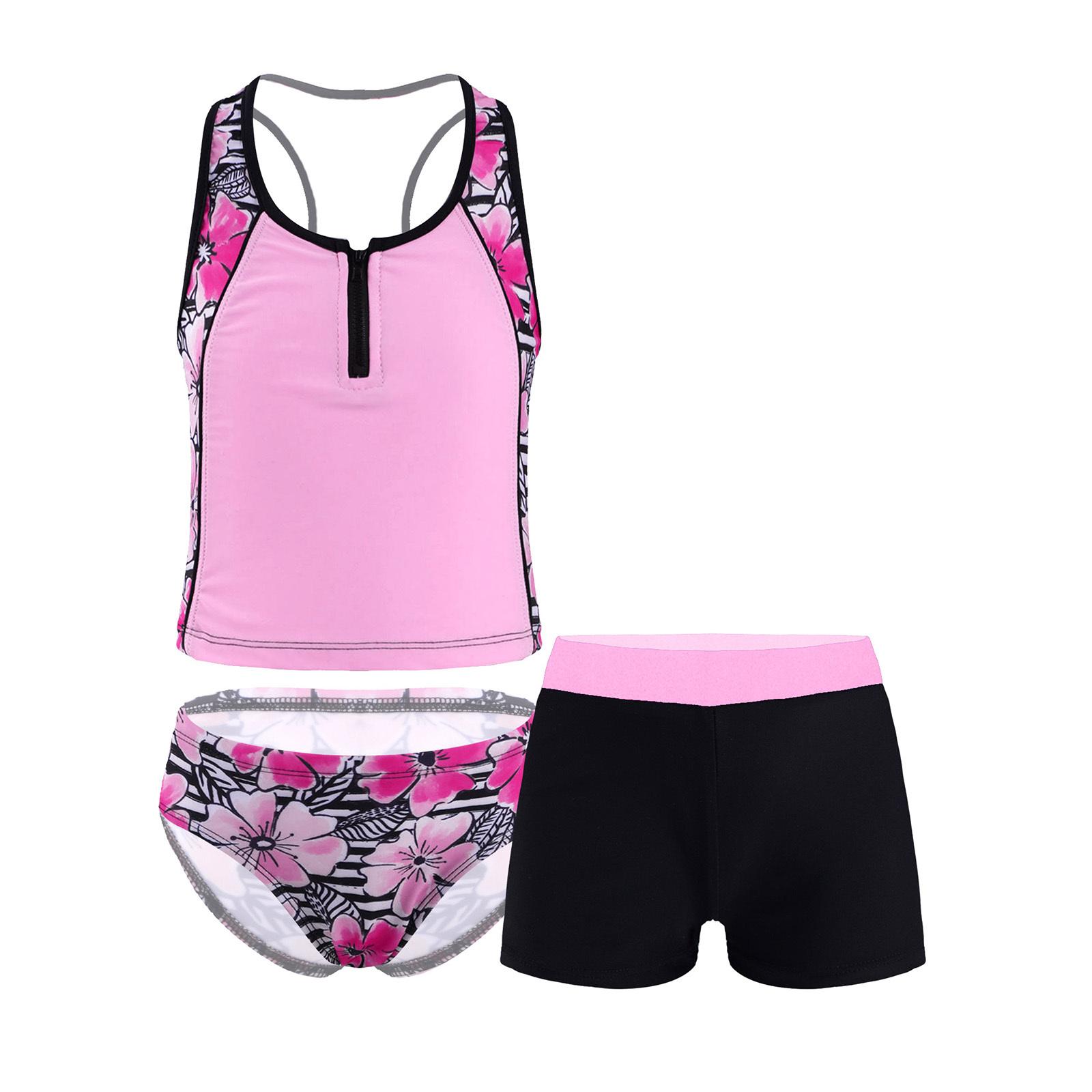Yunduantong-electronic Meisjes 3-delige tankini set bloemenprint mouwloos racerback vest bikinitop zwemshorts 7-8 Years roze