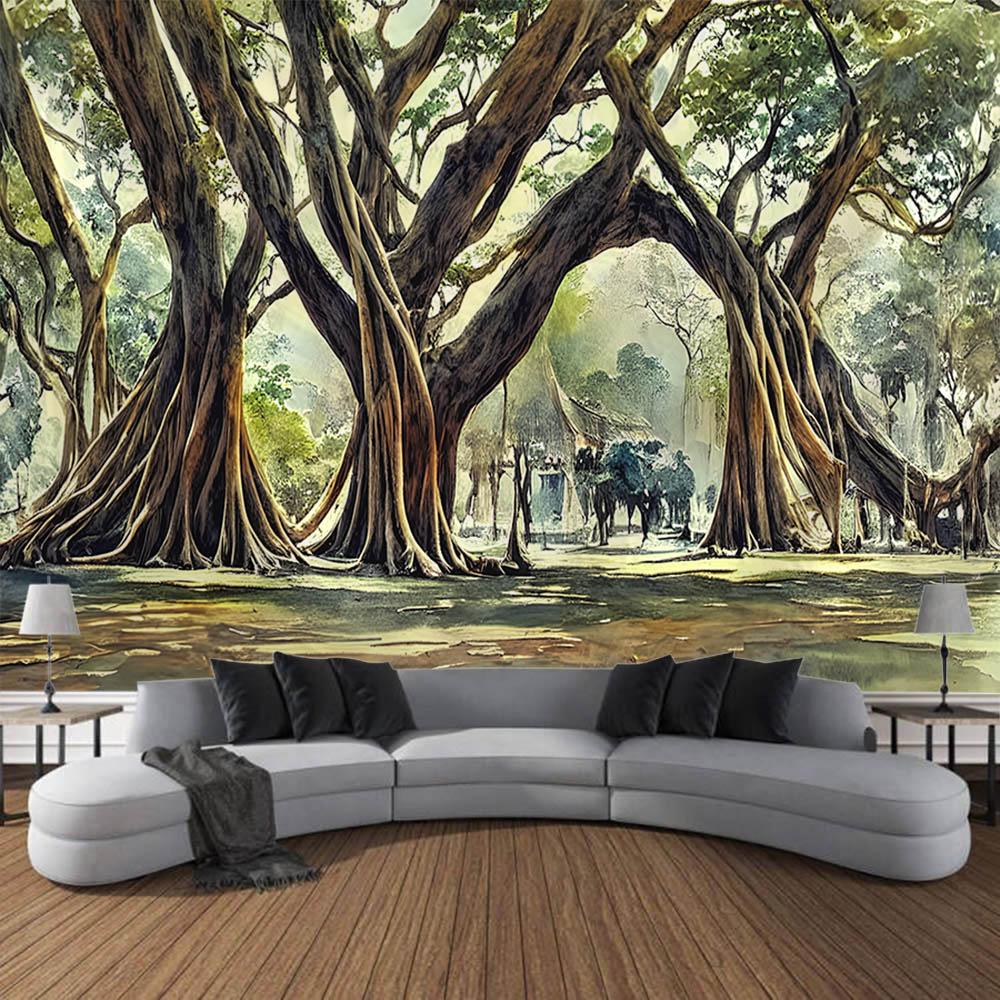 Ancient tree landscape tapestry, retro oil painting wall hanging, Bohemian home art decoration, living room and bedroom tapestry
