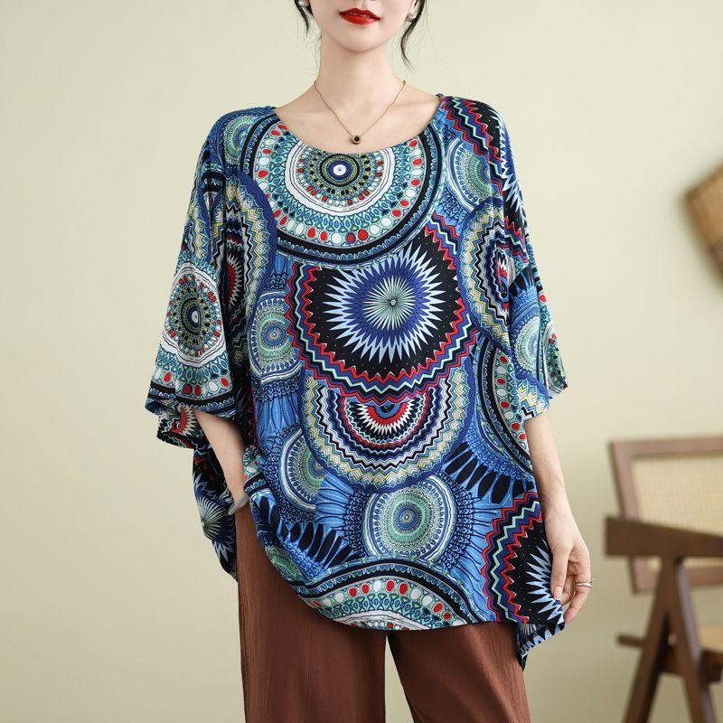 Sommer Locker Übergröße Damen Bedrucktes Baumwoll-T-Shirt Top Mama Kurzärmlig Ethnischer Stil T-Shirts Damen