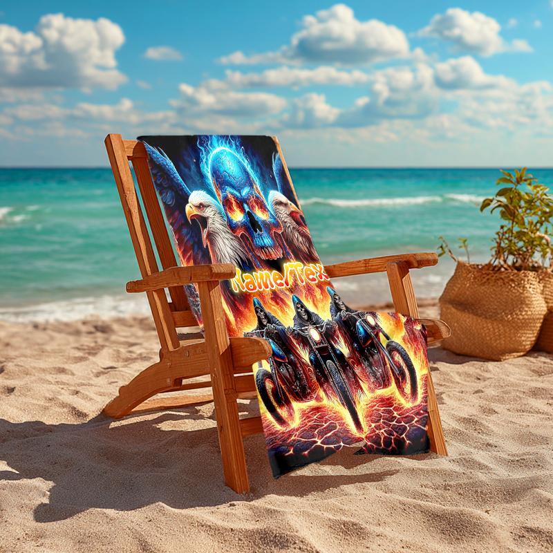 1PC Custom Name Biker Spirit Fire Skull Beach Towel Highly Absorbent And Sand-Resistant Towel for Swimming, Pool, Yoga, And Travel Lightweight