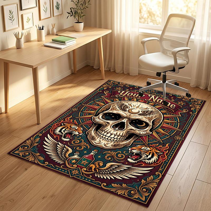 Skull Floral Theme Soft Crystal Velvet Rug Custom Name & Text Print Non Slip Floor Rug for Bedroom Living Room